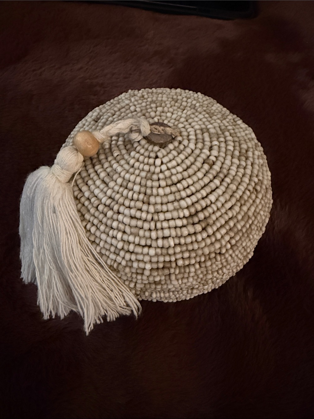 Beaded Cream Decorative Pouf with Tassel